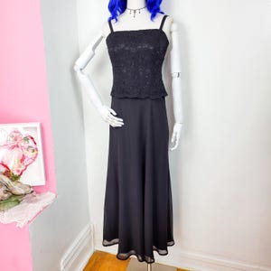 Vintage 90s/Y2K Black Lace Bodice Chiffon Maxi Dress / Gown