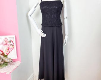 Robe longue en mousseline de soie avec corsage en dentelle noire vintage des années 90/Y2K