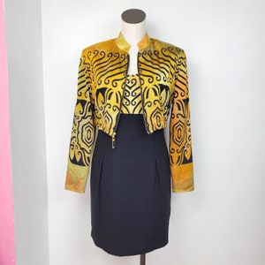 Vintage 90er Jahre Mesmerize Black & Gold Verzierter Print Kurzjacke und Minikleid, zweiteiliges Set