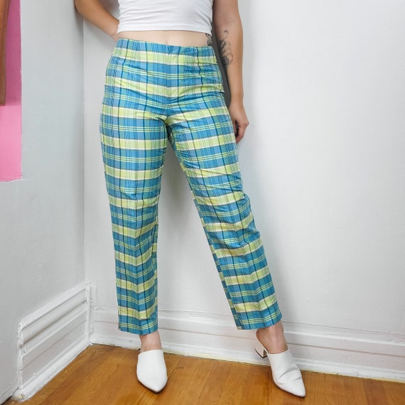 Vintage Y2K Gap Blue & Green Plaid Silk Cropped P… - image 1