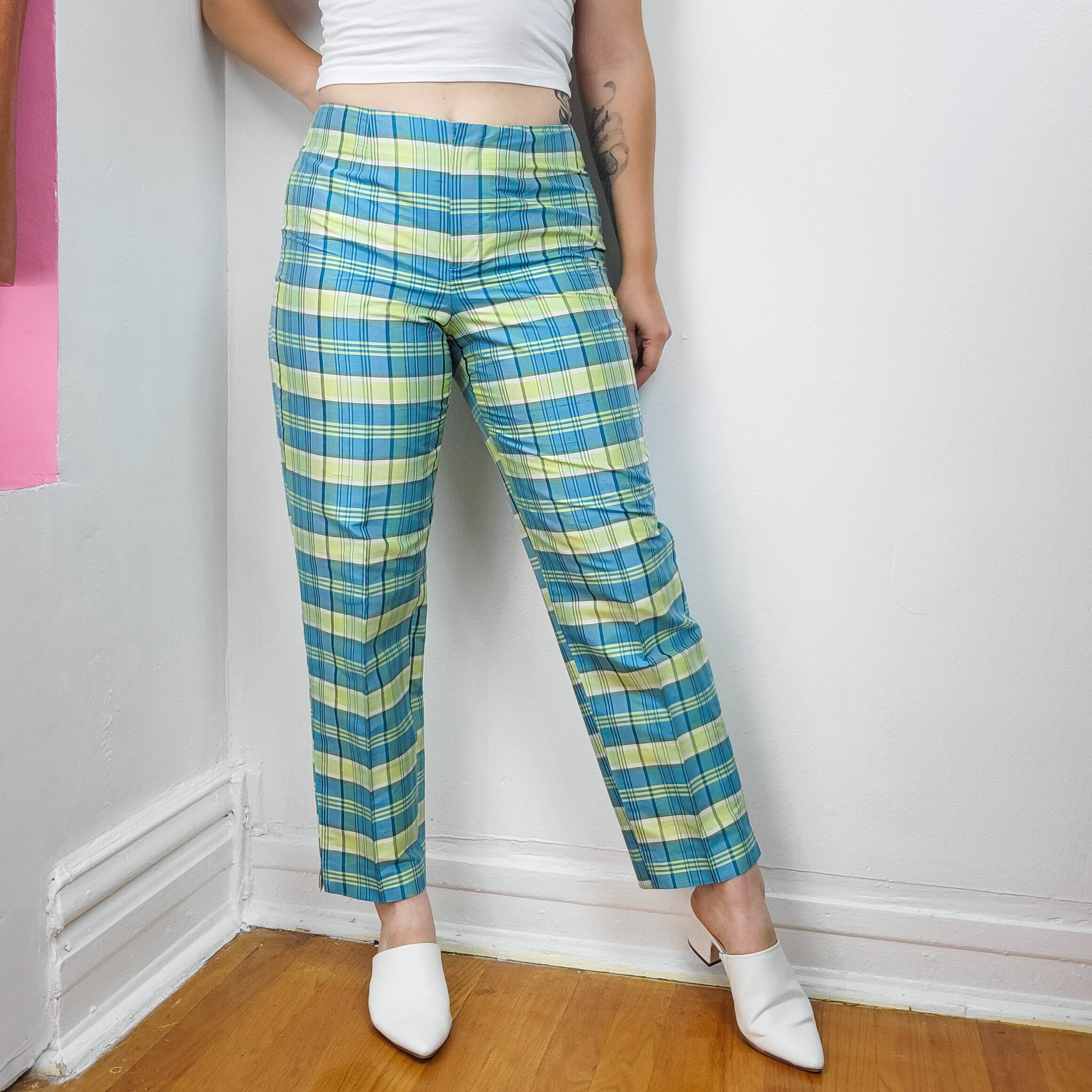 Light green plaid pants sales