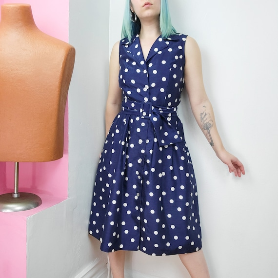 Vintage 90s Does 50s Retro Style Navy & White Pol… - image 1