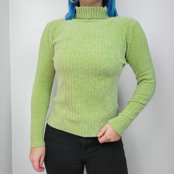 GirlUndecidedVTG Vintage 90s Lime Green Soft Chenille Turtleneck Sweater
