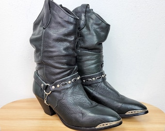 Vintage 80s/90s Black Leather Heeled Western Cowboy Boots