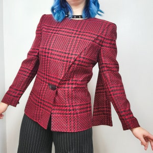 Vintage 90s Red & Black Houndstooth Asymmetrical Blazer Jacket w/ Shoulder Piece