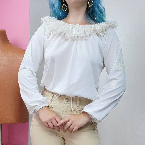 M New White Lace Long Sleeve Gypsy Boho Blouse Vtg 70s Insp Top Womens  MEDIUM