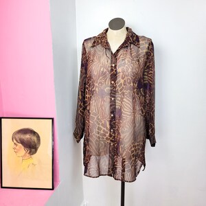 Vintage 90s Brown Animal Print Sheer Tunic Blouse