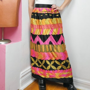 Vintage 1960s Handmade Black / Pink / Orange / Yellow Bold Mixed Print Maxi Skirt