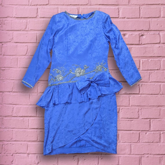 Vintage 80s Silk Periwinkle Floral Print Beaded P… - image 5