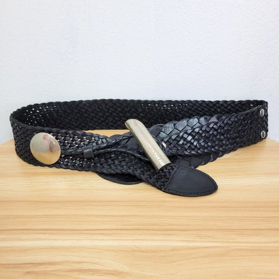 Vintage 80s Black Braided Leather Toggle Waist Be… - image 3