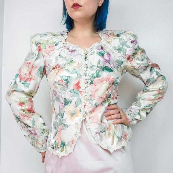 Vintage 80s Pastel Floral Print Lace Trim Blazer Jacket