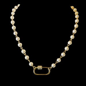 Pearl chain with gold pave caribiner clasp.