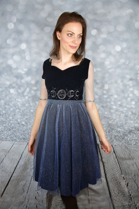 blue velvet dress with stars Retro & Vintage Unique Vintage Navy & Silver Stars Velvet Wrap Midi Dress main image 1