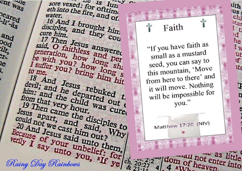 May include: An open book with black and red text, beside a card with the word "Faith" and a quote from Matthew 17:20. The card has a pink floral border and two cross symbols.