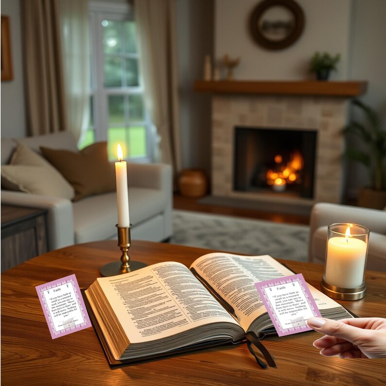 May include: A Bible lies open on a wooden table, with two lit candles and two cards with text. The cards have a purple border and the word "Faith". A fireplace and living room furniture are visible in the background, creating a warm atmosphere.