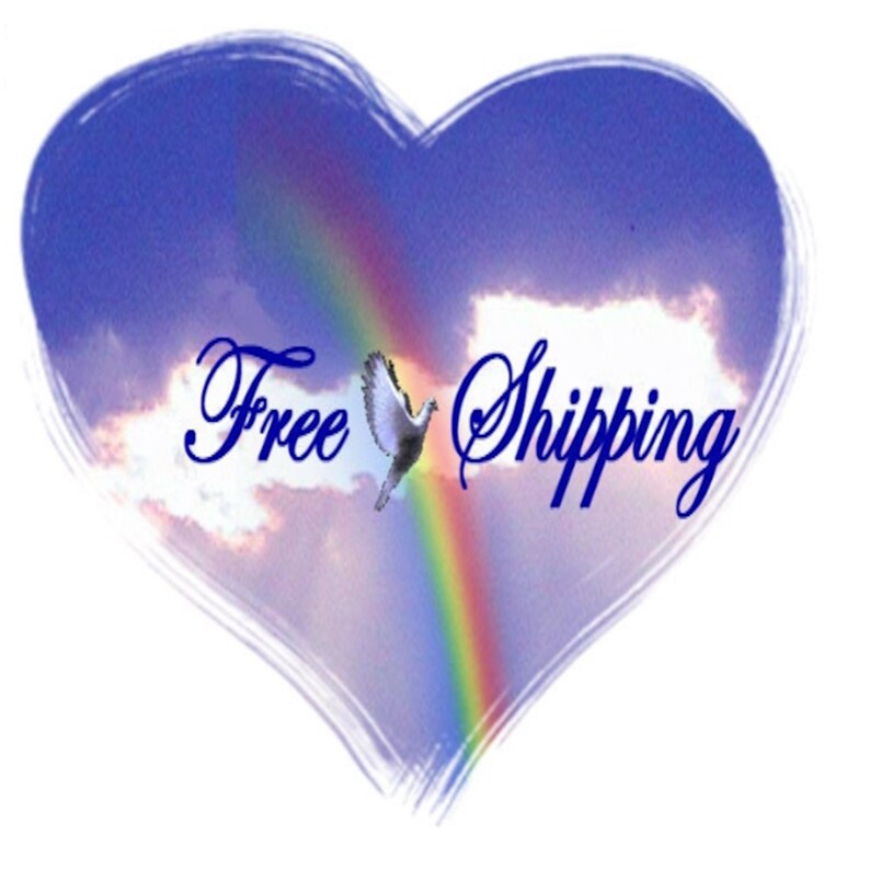 May include: A heart-shaped graphic with a blue sky background, a rainbow, and a dove. The words "Free Shipping" are written in a cursive font across the image.