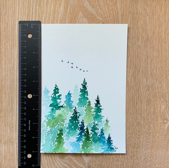 Original Watercolor 9”x6” Forest and Birds