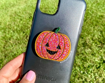 Kawaii Jack O Lantern Crystal PopSocket, Cute Pumpkin Swappable PopSocket, Bedazzled Pumpkin PopSocket Phone Grip