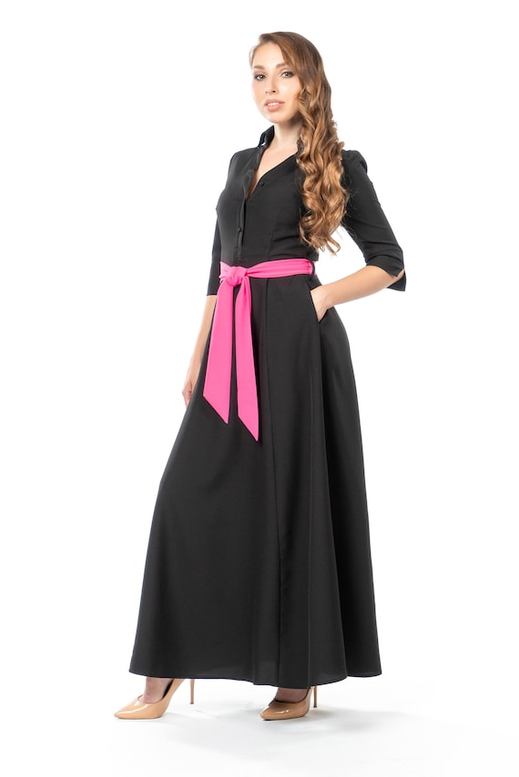 black dress pink sash Petite Black Maxi Shirt Dress