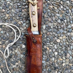May include: A vintage hunting knife with a light-colored handle and brass rivets is sheathed in a brown leather case. The case has the word "PUMA" embossed on it. A white cord is attached to the sheath.