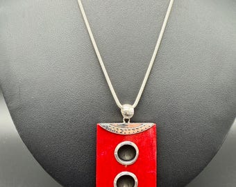 Vintage Modernist Red Coral Pendant & Sterling Chain Necklace