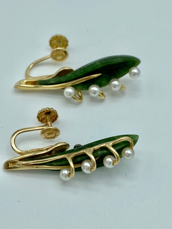 Vintage 14k Gold, Jade and Pearls Earrings & Broo… - image 6