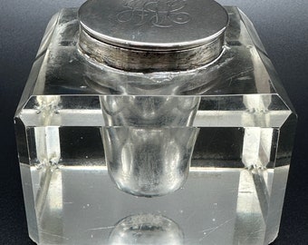 Removeable Glass Insert Large Heavy Crystal Inkwell Sterling Repousse Lid Removeable Glass Well ...