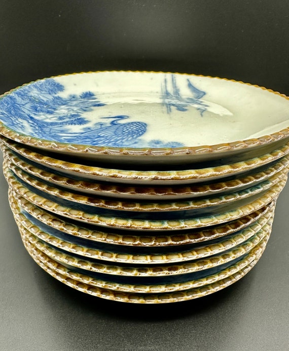 青白ヴィリデ(kaisora参考) 10 Vintage Japanese Igezara Blue & White Crane Porcelain Plates