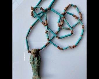 Rare Antique Ancient Egyptian Glazed Faience Beads and Ushabti Figurine Amulet Necklace