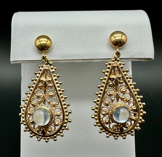 Dramatic 14KT Moonstone Earrings - Etruscan Style… - image 1
