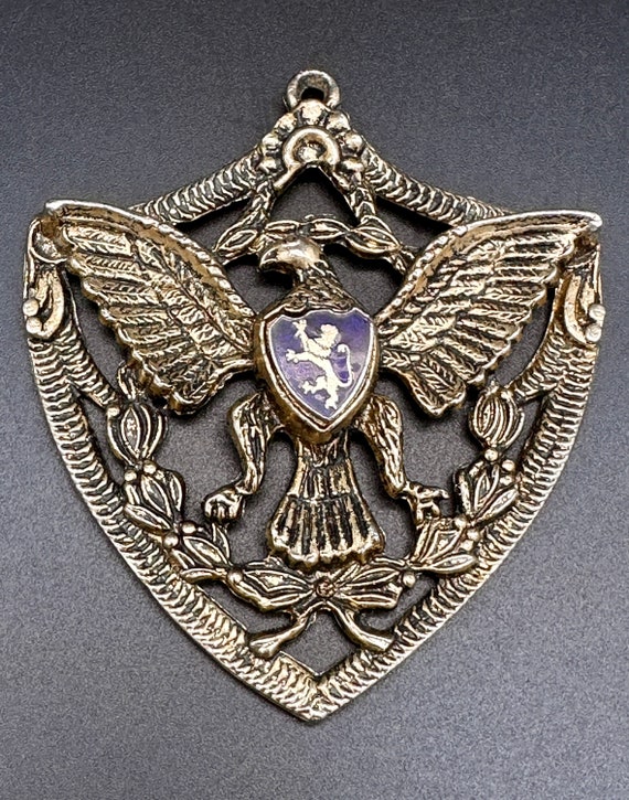 Vintage Heraldic Lion in Blue Enamel Shield Medal… - image 1