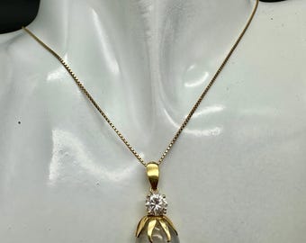 18k Gold Box Chain with 18k Quartz Pendant and CZ Diamond - 24” Length!