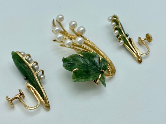 Vintage 14k Gold, Jade and Pearls Earrings & Broo… - image 8