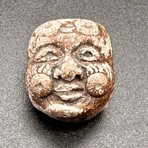 Antique Japanese Ojime Handcarved Wood Double Sided Face Bead c1880