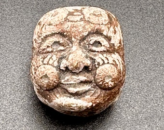 Antique Japanese Ojime Handcarved Wood Double Sided Face Bead c1880