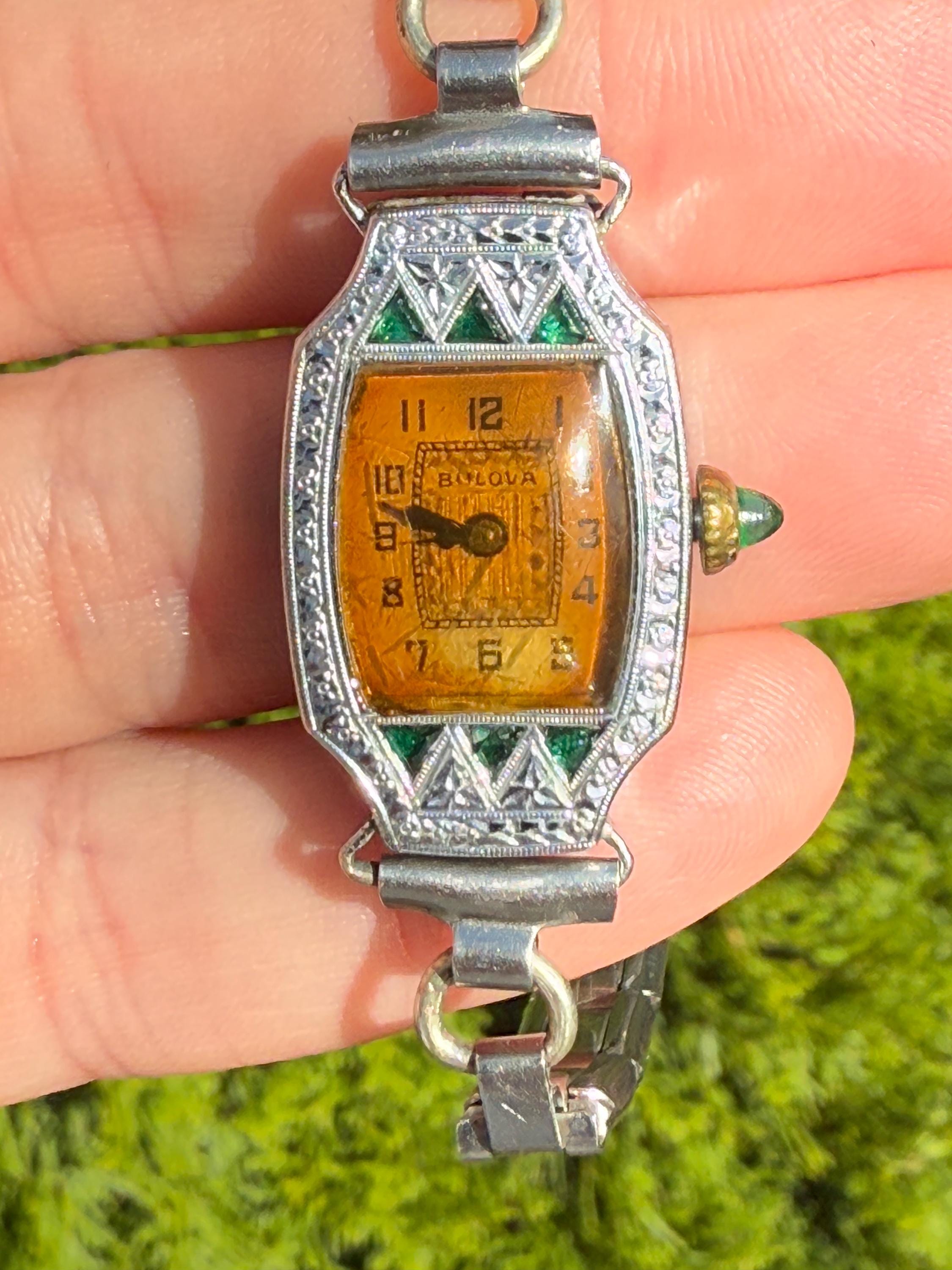 vintage Caravelle by Bulova women\'s watch with an emerald green dial and a silve Vintage Caravelle By Bulova Womens Wind Up Watch silver Tone  main image 3