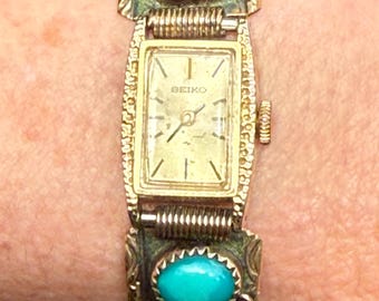 Vintage 12k GF Turquoise Coral Seiko Watch - Native American  display picture 2