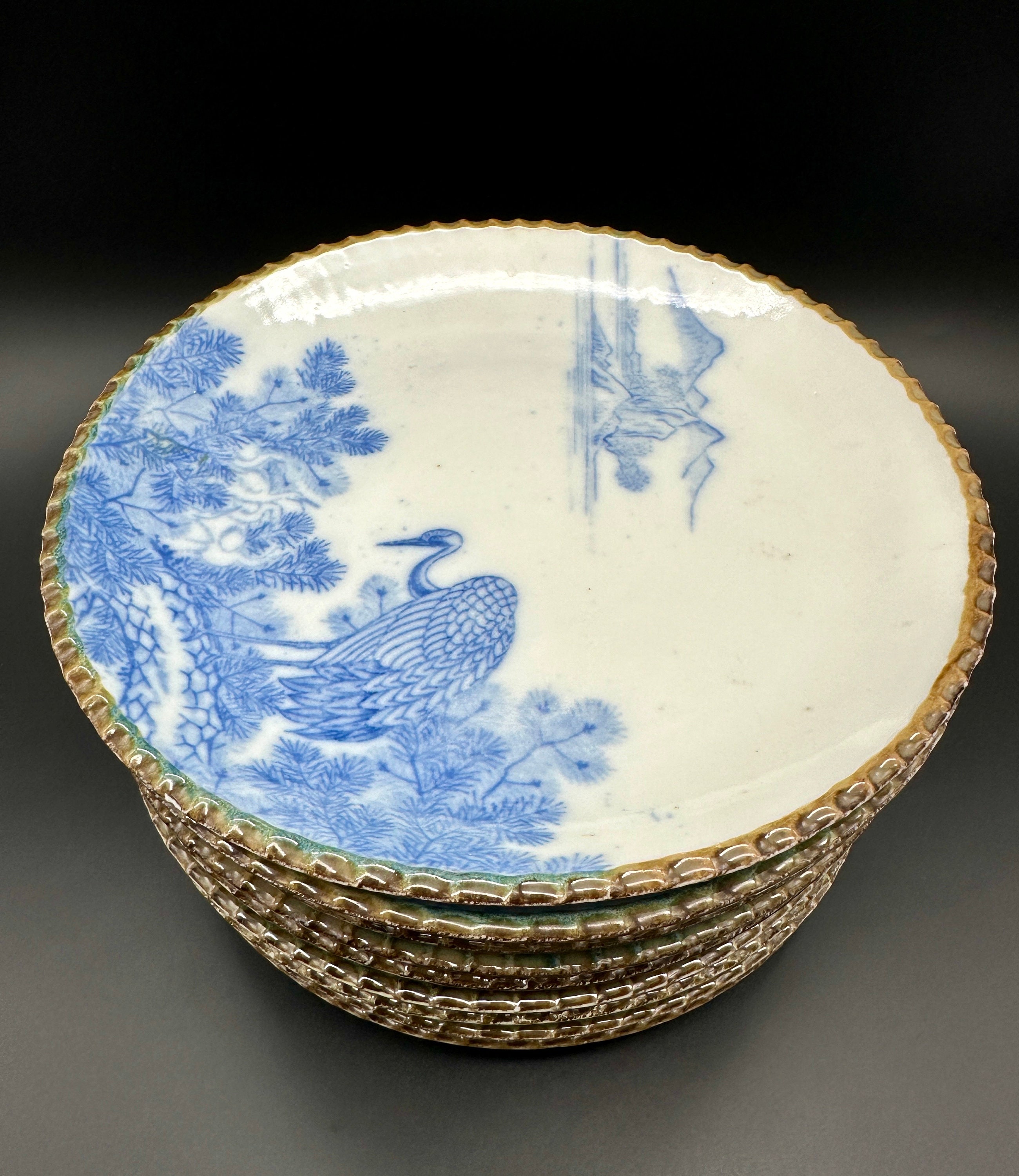 10 Vintage Japanese Igezara Blue & White Crane Porcelain Plates