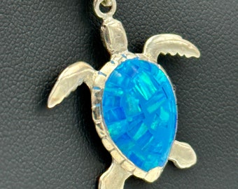 Sterling & Blue Opal Inlay in Sea Turtle Pendant on Sterling Chain Necklace