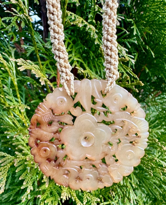 Jade Carved Flower Pendant on Macrame Necklace - … - image 8