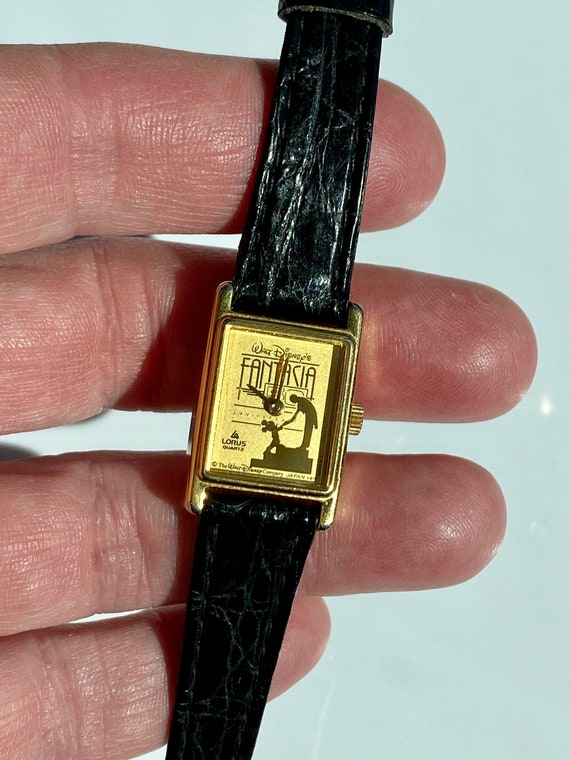 Vintage Disney Fantasia Black Leather Strap Watch with Gold Case 1990 Disney Fantasia 50th Anniversary Sorcerer main image 3