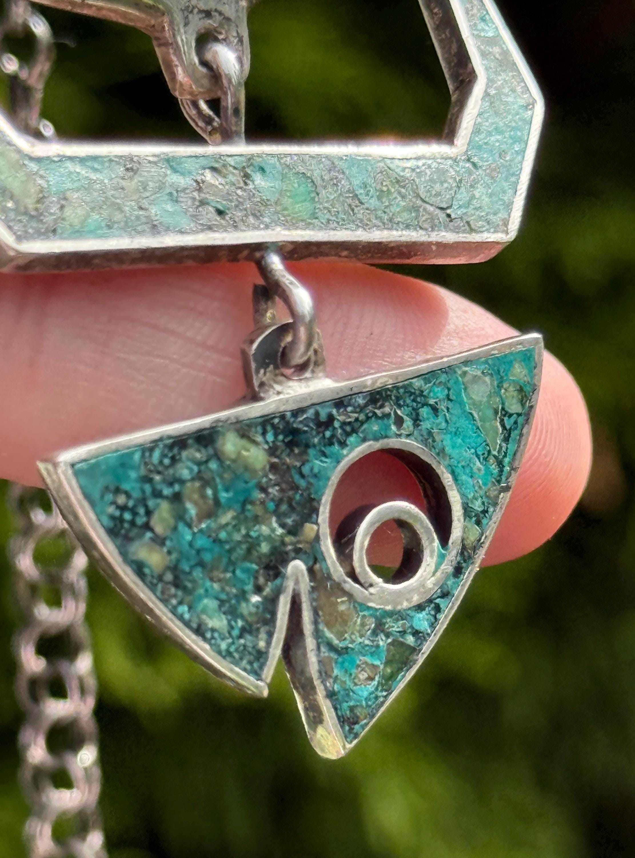 Vintage 1960's Taxco Sterling Articulated Fish Necklace - Azurite