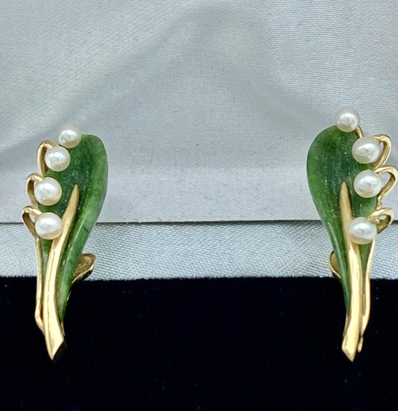 Vintage 14k Gold, Jade and Pearls Earrings & Broo… - image 3