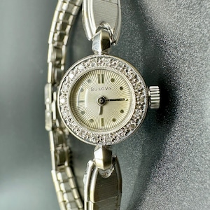Vintage Ladies Bulova Swiss Watch: 14k White Gold & Diamond