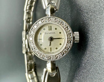 Vintage Ladies Bulova Swiss Watch: 14k White Gold & Diamond