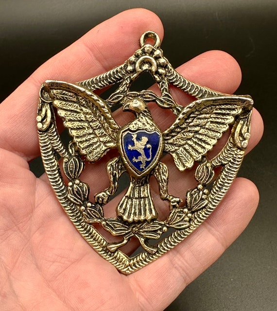 Vintage Heraldic Lion in Blue Enamel Shield Medal… - image 2