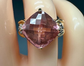 Dramatic 10k Gold Pink Gemstone Ring with CZ Accents - Size 6
