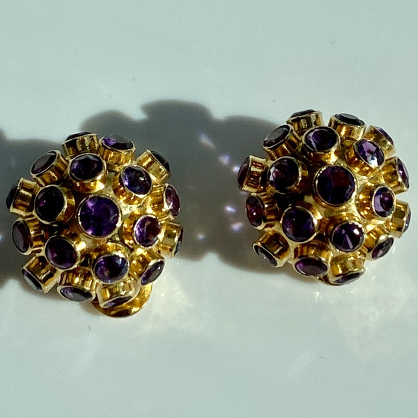 18k Gold 1950’s Sputnik Clip On Earrings with Amethyst Gemstones