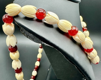 Carnelian & Carved Bone flower bead necklace - 15”