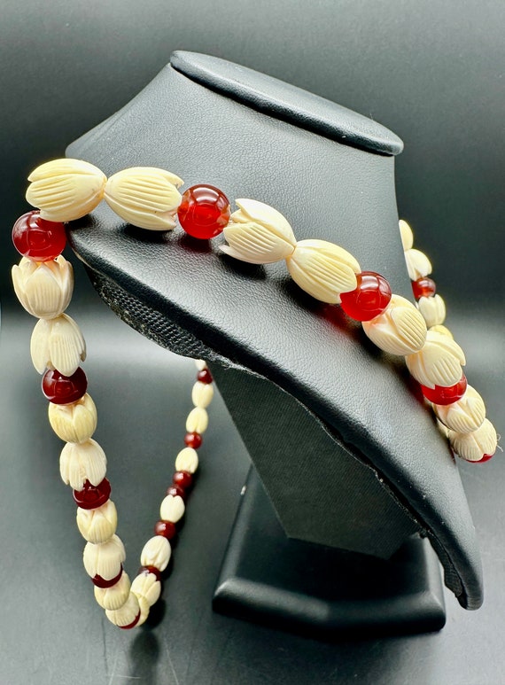 Carnelian & Carved Bone flower bead necklace - 15”